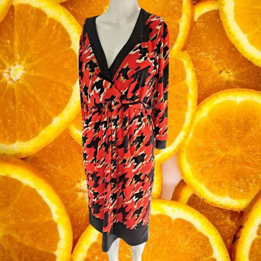 Kasper Red with White and Black Trim‎ V Neck Dress Size M